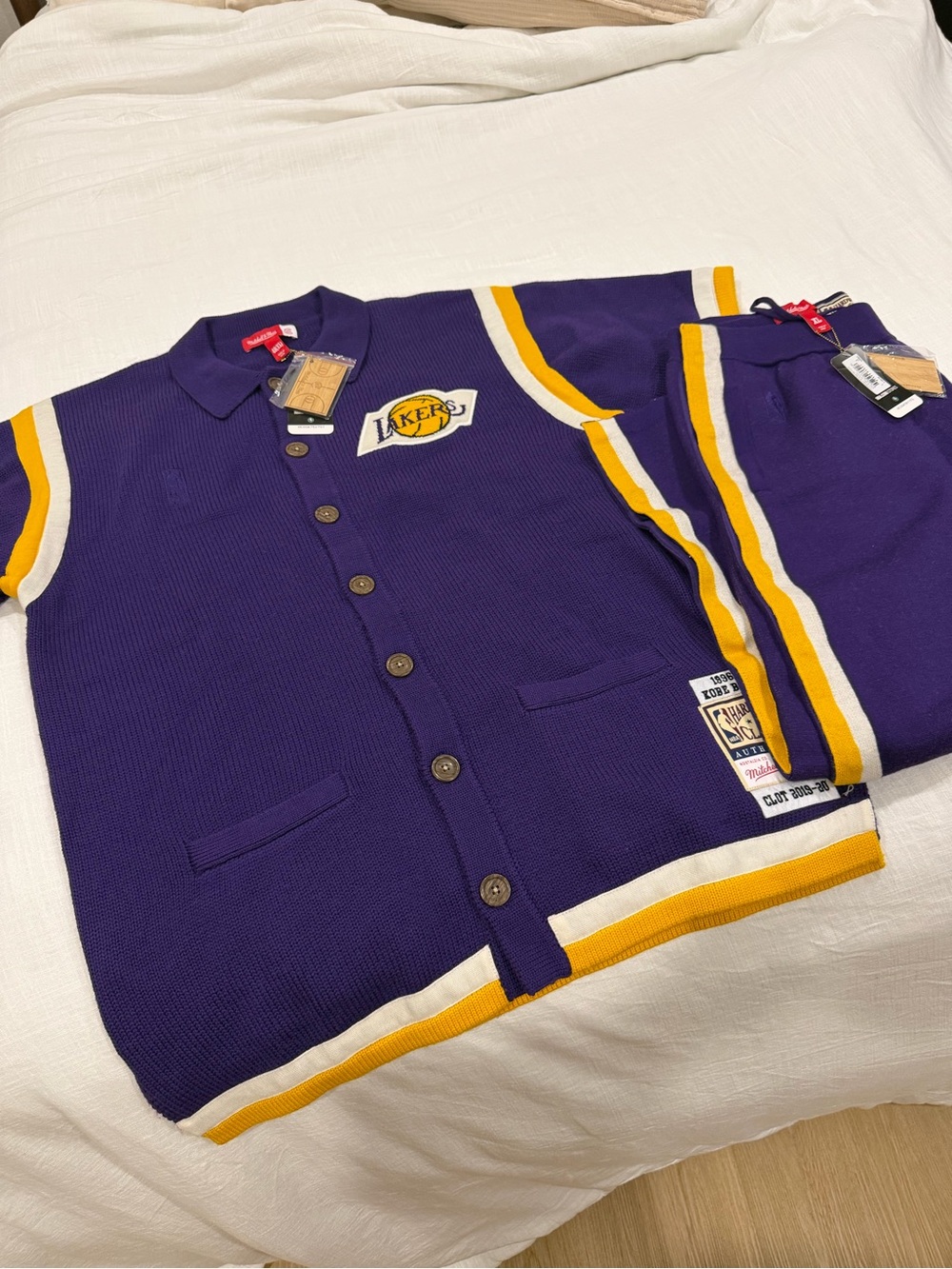 Mitchell & Ness Purple and Gold Lakers Knit Button-Up Top